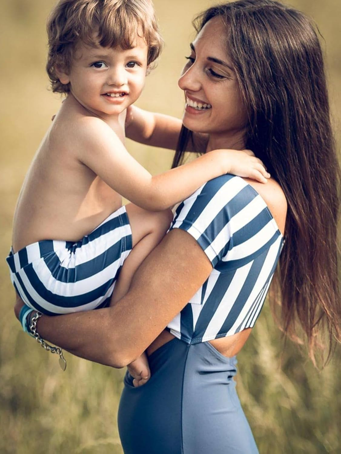 Family Matching Swimwear One Piece Bathing Suit Striped Hollow Out Monokini Mommy and Me Beachwear