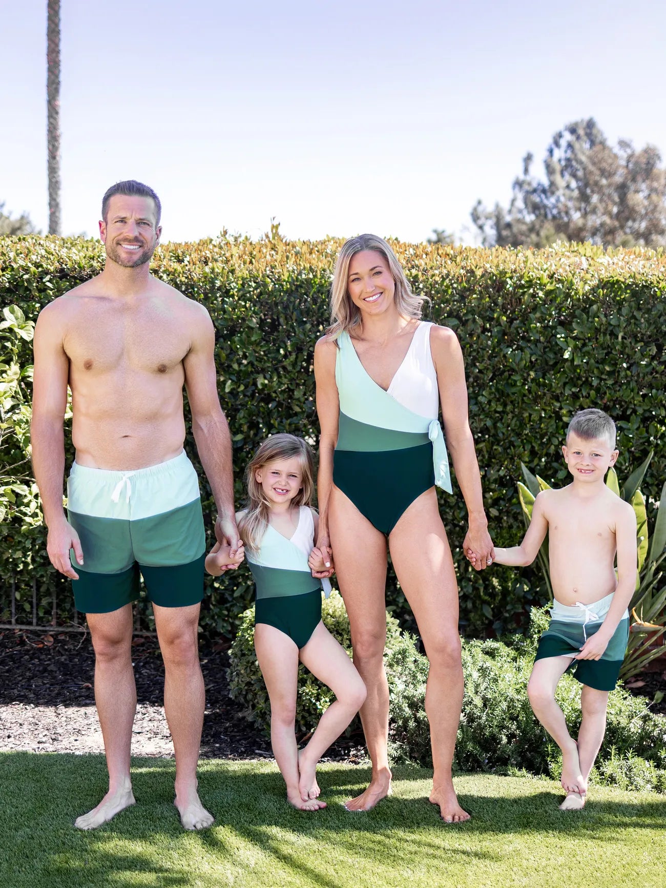 Family Colorblock Swimwear Set with V Neck Wrap One Piece and Trunks