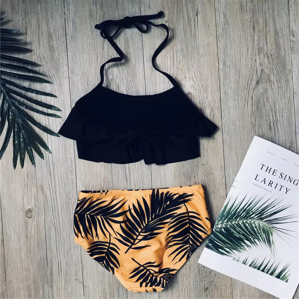 Children Girls Bikini Set 2024 Falbala Two-Pieces Swimming Suit Summer Halter Kids Girl Swimwear Swimsuit Bandage Bathing Suit