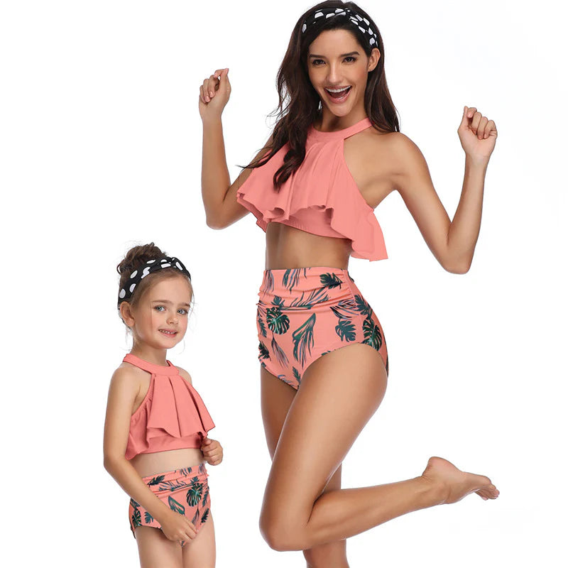 Mother and Daughter Matching Swimwear Set with Women`s High Waisted Ruffled Bikini Style