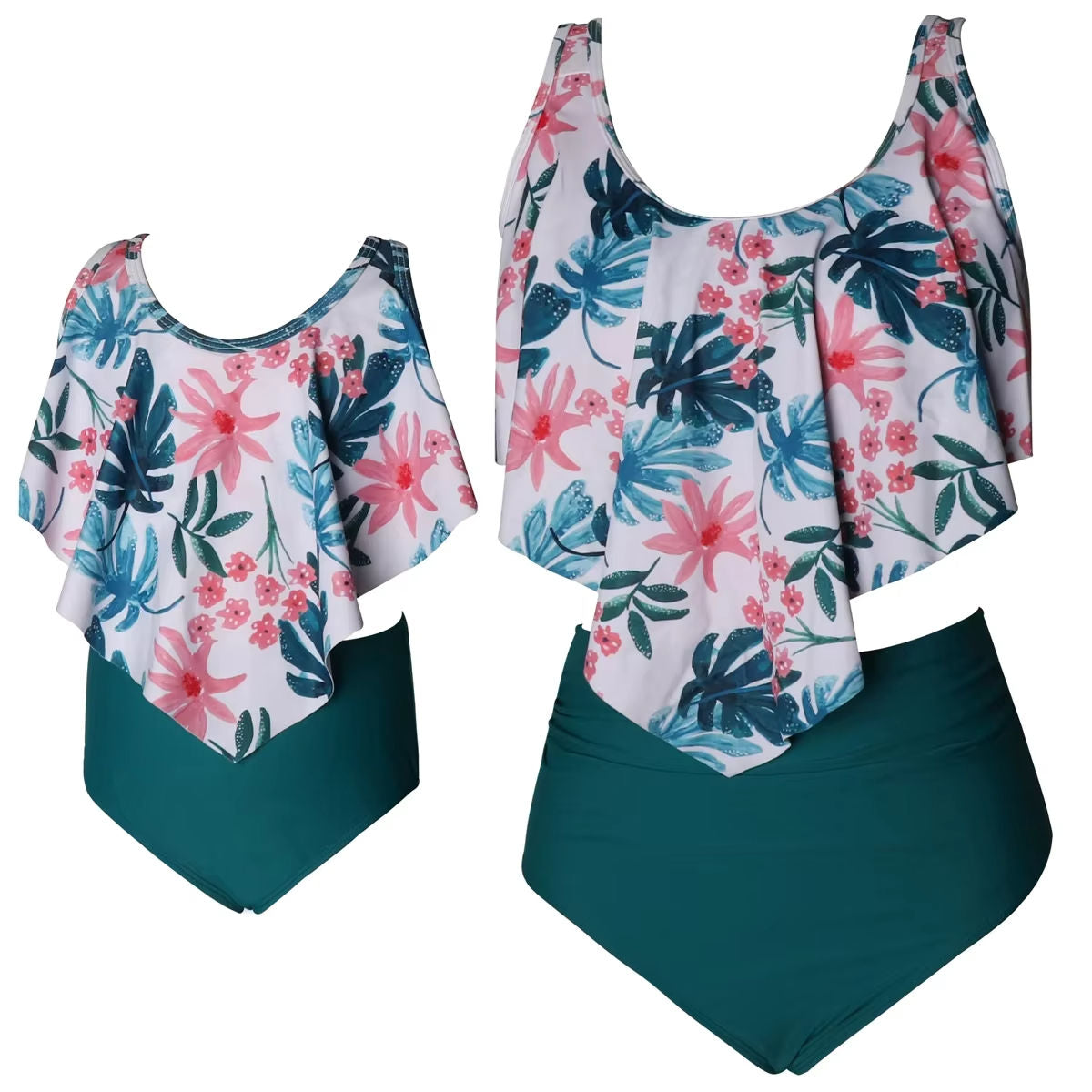 High Waist Two Piece Flounce Bikini Set Parent-child Swimwear Mother Daughter Swimsuit for Girls Family Matching Clothes 6 style