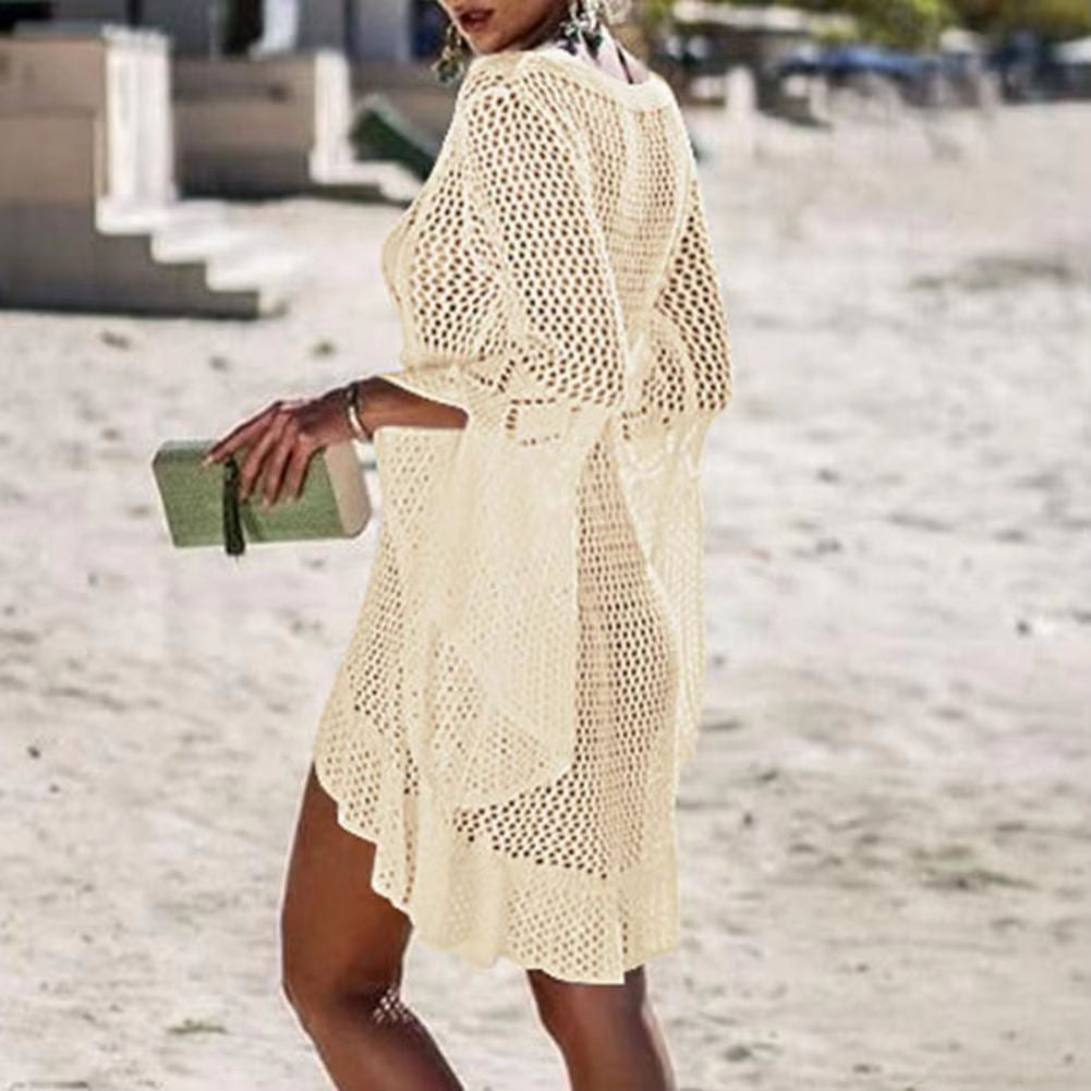 Sexy Women’s Bathing Suit Beach Cover Up Hollow Out Knitted Women Flared Sleeves Solid Color Beach Dress saida de praia