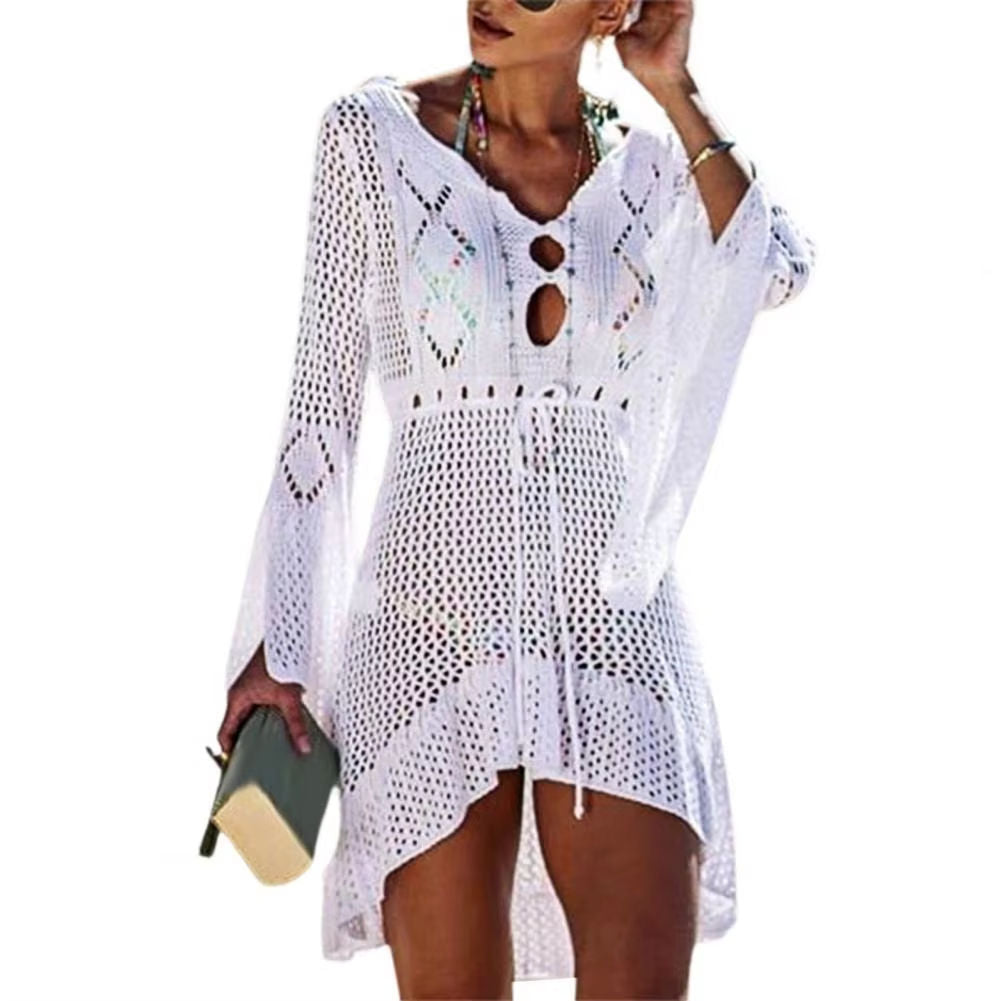 Sexy Women’s Bathing Suit Beach Cover Up Hollow Out Knitted Women Flared Sleeves Solid Color Beach Dress saida de praia