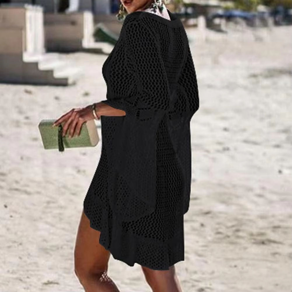 Sexy Women’s Bathing Suit Beach Cover Up Hollow Out Knitted Women Flared Sleeves Solid Color Beach Dress saida de praia