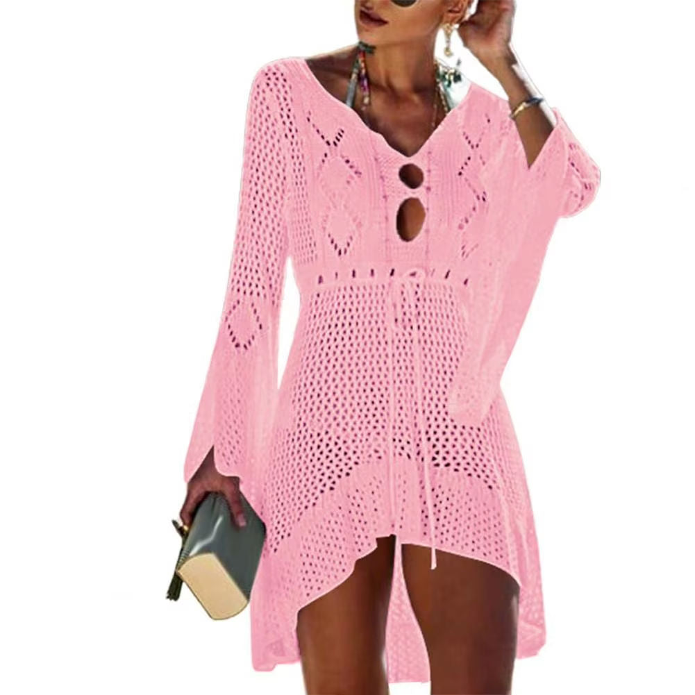 Sexy Women’s Bathing Suit Beach Cover Up Hollow Out Knitted Women Flared Sleeves Solid Color Beach Dress saida de praia