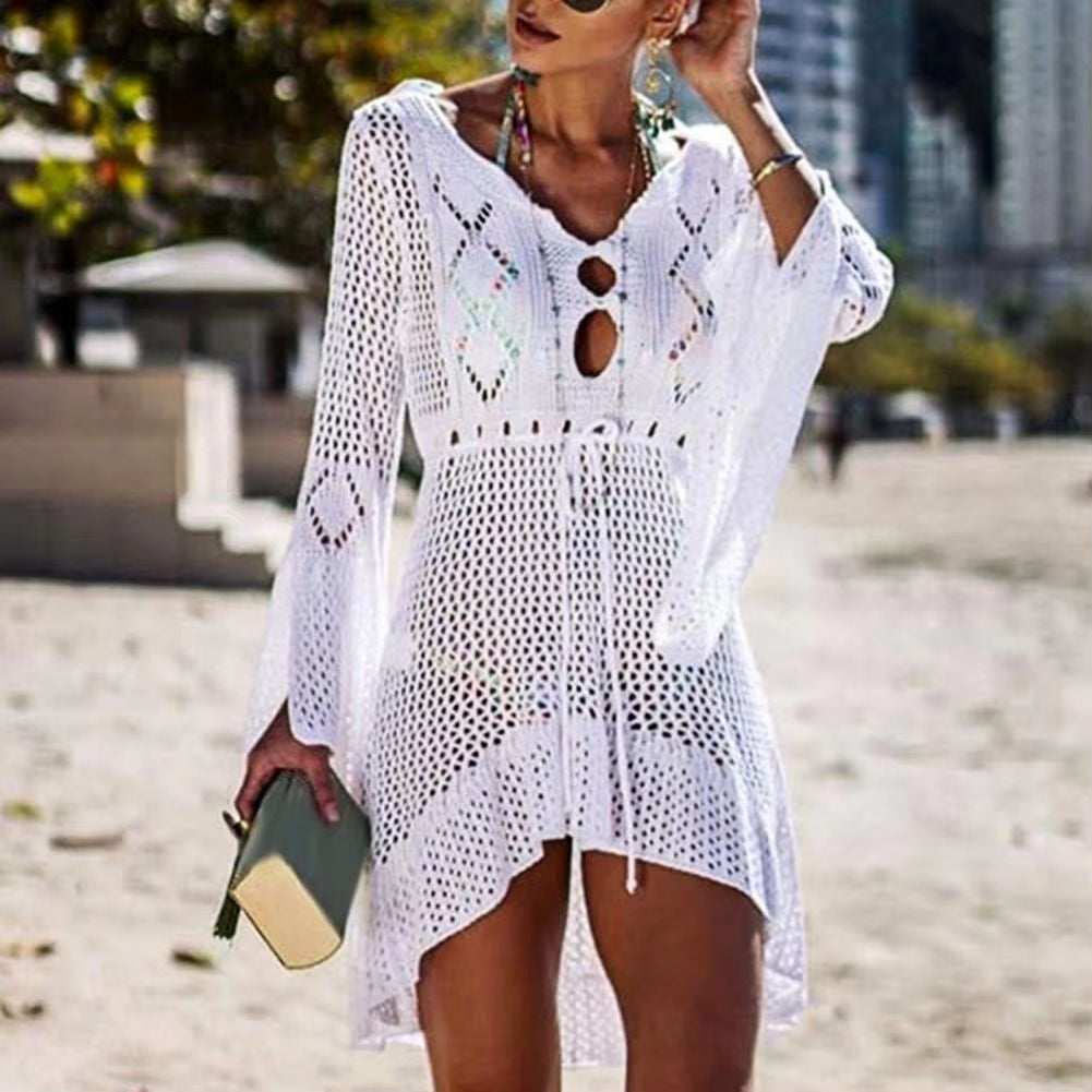 Sexy Women’s Bathing Suit Beach Cover Up Hollow Out Knitted Women Flared Sleeves Solid Color Beach Dress saida de praia