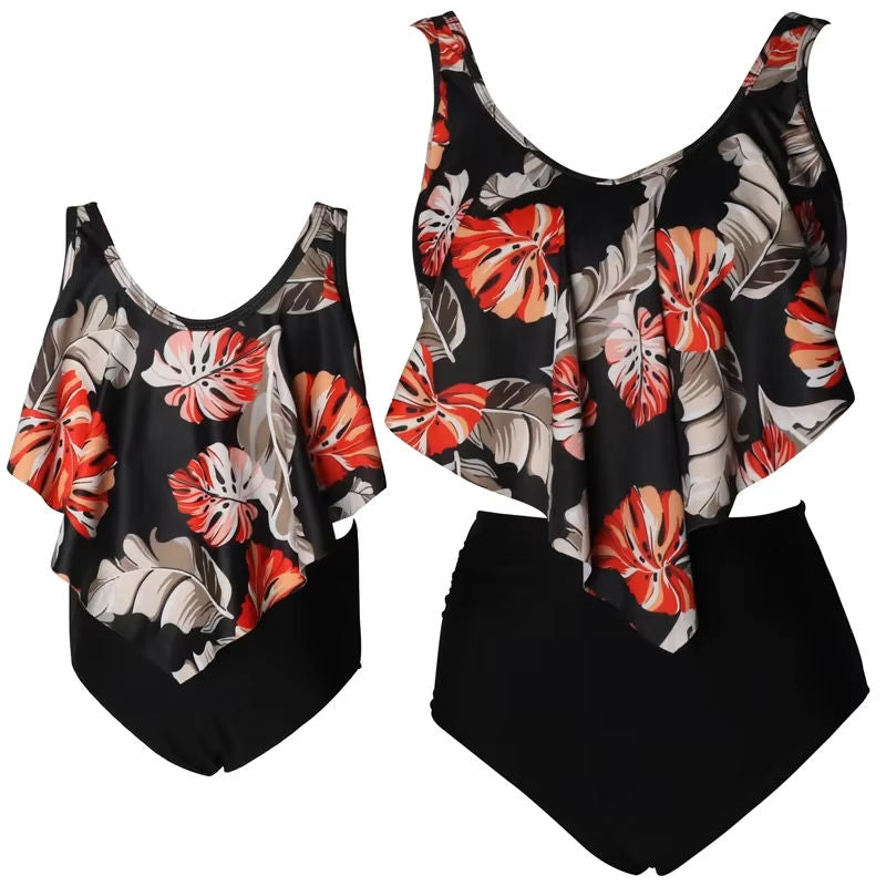 High Waist Two Piece Flounce Bikini Set Parent-child Swimwear Mother Daughter Swimsuit for Girls Family Matching Clothes 6 style