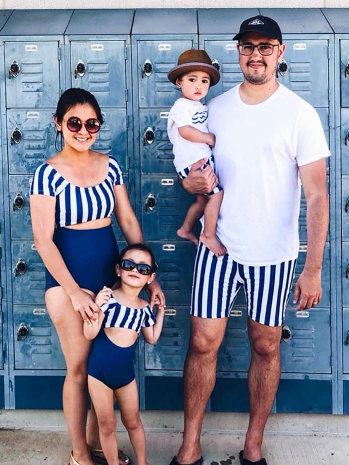 Family Matching Swimwear One Piece Bathing Suit Striped Hollow Out Monokini Mommy and Me Beachwear